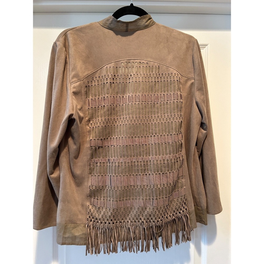Chico's Faux Suede Fringe Open Top Brown Western Boho Sz 1 Medium Lightweight - Picture 2 of 3